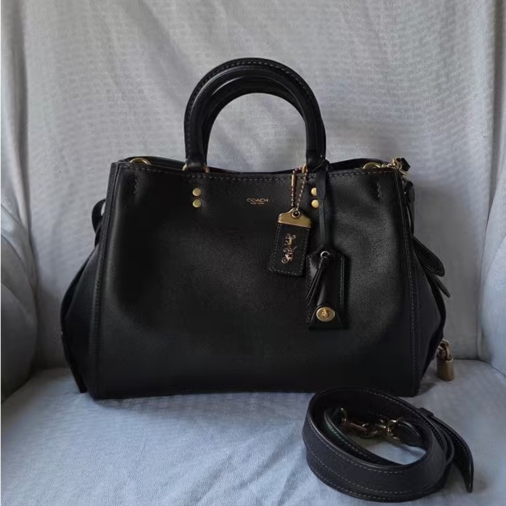 Coach Black Leather Satchel with Gold Hardware and Detachable Strap